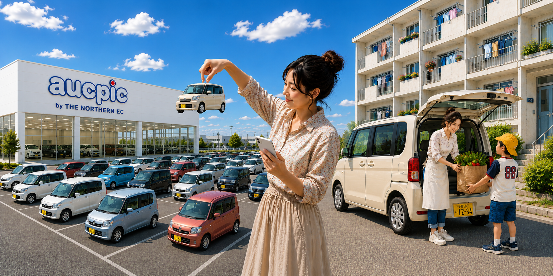 aucpicで車をピックし、家族の日常に役立つ一台を見つけるイメージ